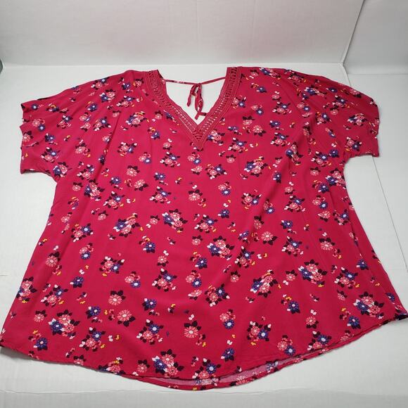 Lane Bryant Top Womens 18/20 Pink Floral V-Neck Flutter Sleeve Preppy Eyelet - Picture 10 of 16